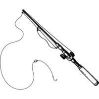 Fishing rod with line, hook and float in monochrome. Portable rod for ice fishing. Simple minimalistic in black ink drawing on white background vector
