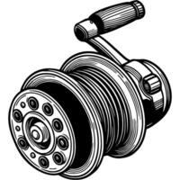 Fishing reel with wound line in monochrome. Fishing accessory. Simple minimalistic in black ink drawing on white background vector