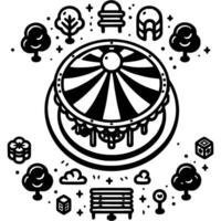 Carousel amusement park top view in monochrome. Amusement park entrance . Simple minimalistic in black ink drawing on white background vector