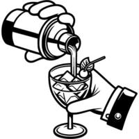 Bartender hands pour cocktail from shaker into glass in monochrome. Glass with ice cubes is filled from shaker by bartender. Simple minimalistic in black ink drawing on white background vector
