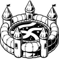 Outdoor inflatable trampoline park in shape of castle with towers in monochrome. Compact entertainment center. Simple minimalistic in black ink drawing on white background vector
