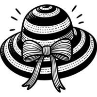 Striped beach hat with wide brim and silk bow in monochrome. Sun protection hat. Simple minimalistic in black and white drawing on white background vector