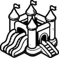Inflatable children trampoline park in form of medieval castle in monochrome. Bouncy castle for kids. Simple minimalistic in black ink drawing on white background vector