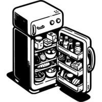 Refrigerator with open door filled with food in monochrome. Home food storage device. Simple minimalistic in black ink drawing on white background vector