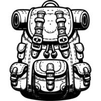 Heavy tourist backpack in monochrome. Bag of Scalolas tourists with accessories equipment. Simple minimalistic in black ink drawing on white background vector