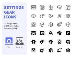 Settings Gear Icons Filled and Outlined web icon set. Such as update, install, wrench, system, Simple illustration editable stroke. vector