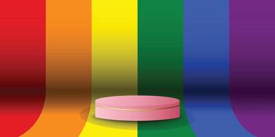 Podium display color, with LGBTQ flag background. Modern studio, wall scene fashion, stage podium scene with for Award Ceremony. 3D rendering. vector
