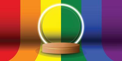 White neon light podium display color, with LGBTQ flag background. Modern studio, wall scene fashion, stage podium scene with for Award Ceremony. 3D rendering. vector