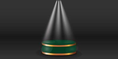White spotlights on podium display color with black background. Modern studio, wall scene fashion, stage podium scene with for Award Ceremony. 3D rendering. vector