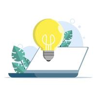 Educational Technology Concept, Laptop With Cartoon Lamp. looking for new idea solutions, laptop doing research work, studying and solving problems. remote work. flat illustration. vector