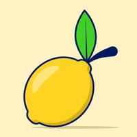 Cartoon Lemon Fruit, bright yellow lemon fruit with green leaf markings. Fresh icon design template, juice concentrate symbol from curved lines. Flat illustration on background. vector