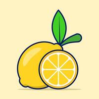 Cartoon Lemon Fruit, bright yellow lemon fruit with green leaf markings. Fresh icon design template, juice concentrate symbol from curved lines. Flat illustration on background. vector
