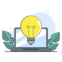Educational Technology Concept, Laptop With Cartoon Lamp. looking for new idea solutions, laptop doing research work, studying and solving problems. remote work. flat illustration. vector