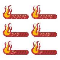 The concept of spiciness level is an indicator of the strength scale of red chilies with the positions mild, medium, hot and extra hot. labels of spiciness levels on the spice and sauce flavor scale. vector