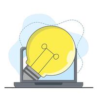 Educational Technology Concept, Laptop With Cartoon Lamp. looking for new idea solutions, laptop doing research work, studying and solving problems. remote work. flat illustration. vector