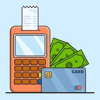 Concept of making cashless payments, with mobile phone or debit card With Barcode of app or Payment machine And Bank Card Cartoon Icon Illustration. flat illustration on background. vector