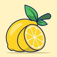 Cartoon Lemon Fruit, bright yellow lemon fruit with green leaf markings. Fresh icon design template, juice concentrate symbol from curved lines. Flat illustration on background. vector