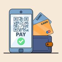 Concept of making cashless payments, with mobile phone or debit card With Barcode of app or Payment machine And Bank Card Cartoon Icon Illustration. flat illustration on background. vector