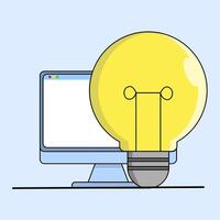 Educational Technology Concept, Laptop With Cartoon Lamp. looking for new idea solutions, laptop doing research work, studying and solving problems. remote work. flat illustration. vector