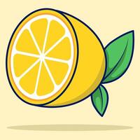 Cartoon Lemon Fruit, bright yellow lemon fruit with green leaf markings. Fresh icon design template, juice concentrate symbol from curved lines. Flat illustration on background. vector