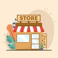 Concept of shop, shop, market. grocery store, supermarket with different foodstuffs. shop window. The flat design is suitable for various purposes. illustration in flat style. vector