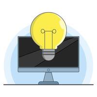 Educational Technology Concept, Laptop With Cartoon Lamp. looking for new idea solutions, laptop doing research work, studying and solving problems. remote work. flat illustration. vector
