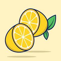 Cartoon Lemon Fruit, bright yellow lemon fruit with green leaf markings. Fresh icon design template, juice concentrate symbol from curved lines. Flat illustration on background. vector