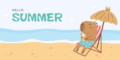 Hello summer promotional banner with cute capybara vector