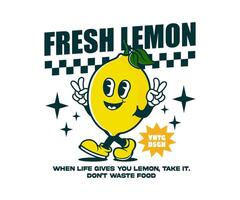Funny cartoon character of lemon. design can be used as t shirt, sticker, poster, print design, apparel design. groovy illustration in retro style vector