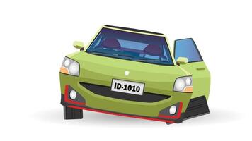 Cartoon or illustration of soft green car view from front car. wheels came off until the car tilted on its side and the door opened. Isolated white background. vector