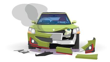 Cartoon or illustration of soft green car view from front car. front bumper is broken. Smoke billowed from the front of the car. Oil spilled onto the ground. Isolated white background. vector