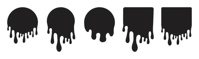 Melt drip circle silhouette paint round splash with drops, liquid shape, stain isolated on white background. Collection of Flowing fluid, slime or cream. vector