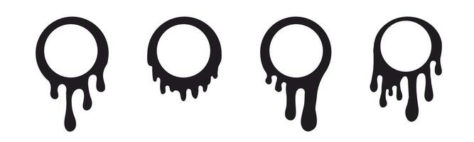 Melt drip circle silhouette paint round splash with drops, liquid shape, stain isolated on white background. Collection of Flowing fluid, slime or cream. vector