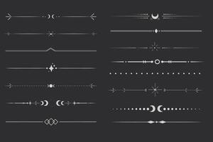 Silver celestial divider thin line border decoration. Collection tribal with moon, stars and arrows mystical separators. Modern ornament minimal set isolated on dark background vector