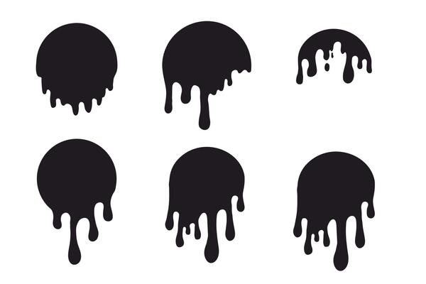 Melt drip circle silhouette paint round splash with drops, liquid shape, stain isolated on white background. Collection of Flowing fluid, slime or cream.