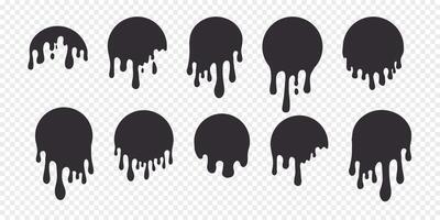 Melt drip circle silhouette paint round splash with drops, liquid shape, stain isolated on white background. Collection of Flowing fluid, slime or cream. vector