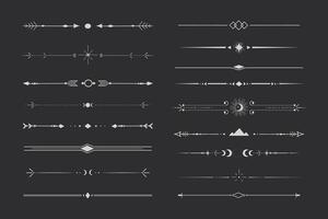 Silver celestial divider thin line border decoration. Collection tribal with moon, stars and arrows mystical separators. Modern ornament minimal set isolated on dark background vector