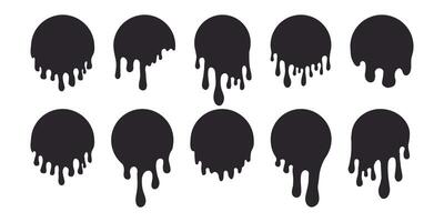 Melt drip circle silhouette paint round splash with drops, liquid shape, stain isolated on white background. Collection of Flowing fluid, slime or cream. vector