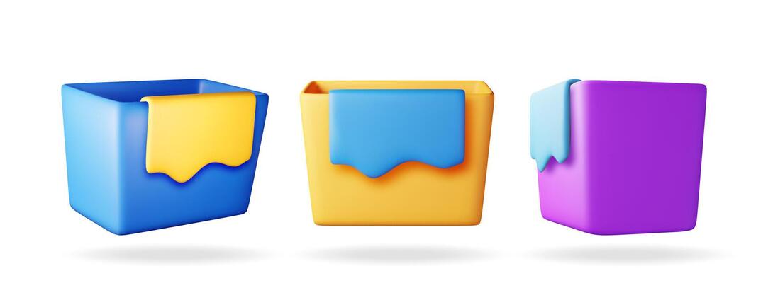 3D set of wash water basin with cloth isolated on white. Render collection of square cleaning bucket with duster icon. House cleaning equipment. Household accessories.