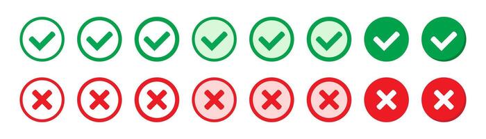 Right or wrong icons. Green tick and red cross checkmarks. Yes or no symbol, approved or rejected icon for user interface. vector