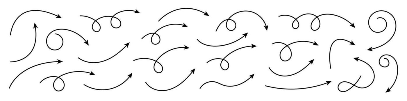 Collection of curved arrows. Set simple curved hand drawn arrows. Collection of pointers. vector