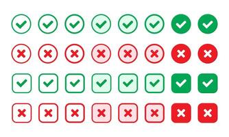Right or wrong icons. Green tick and red cross checkmarks. Yes or no symbol, approved or rejected icon for user interface. vector