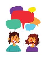 Illustration of a communicating guy and a girl. Cute characters in a comic, cartoon style. Communication, chatting on the Internet. The illustration is isolated on a white background. Mascots. vector