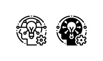 Lateral Thinking icon, represented with head, Lights and gears. icons in outline and glyph style vector