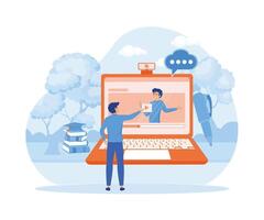Online education and graduation. Webinar seminar learning concept. Businessman hand touching screen with lecture media. vector