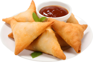 samosa near ketchup in a transparent background png