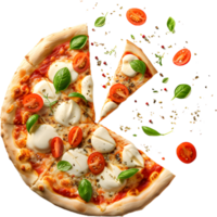 a pizza with a slice missing on a transparent background png
