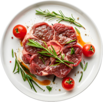 raw meat on a plate with herbs and spices png