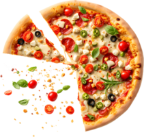 a pizza with a slice missing on a transparent background png