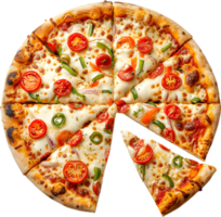 a pizza with a slice missing on a transparent background png